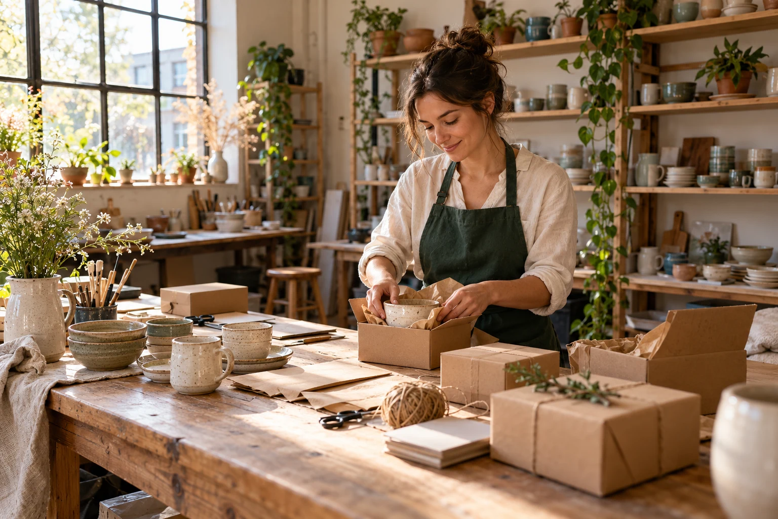 Une entrepreneure prépare des commandes dans son atelier